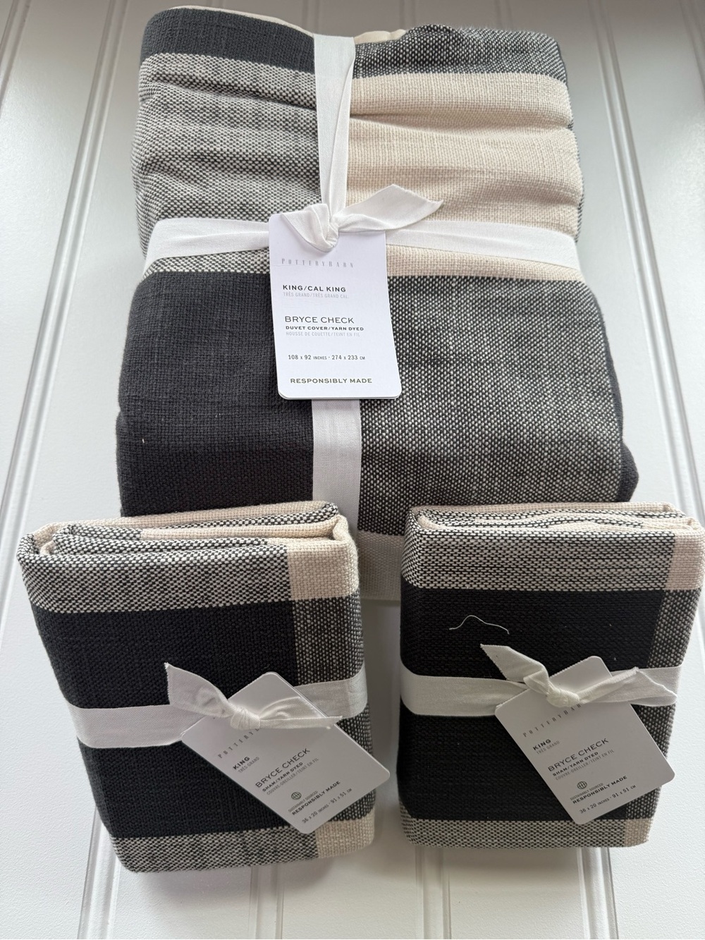 Pottery Barn Bryce Buffalo Check King Cal Duvet 2 King Shams Charcoal Gray NEW